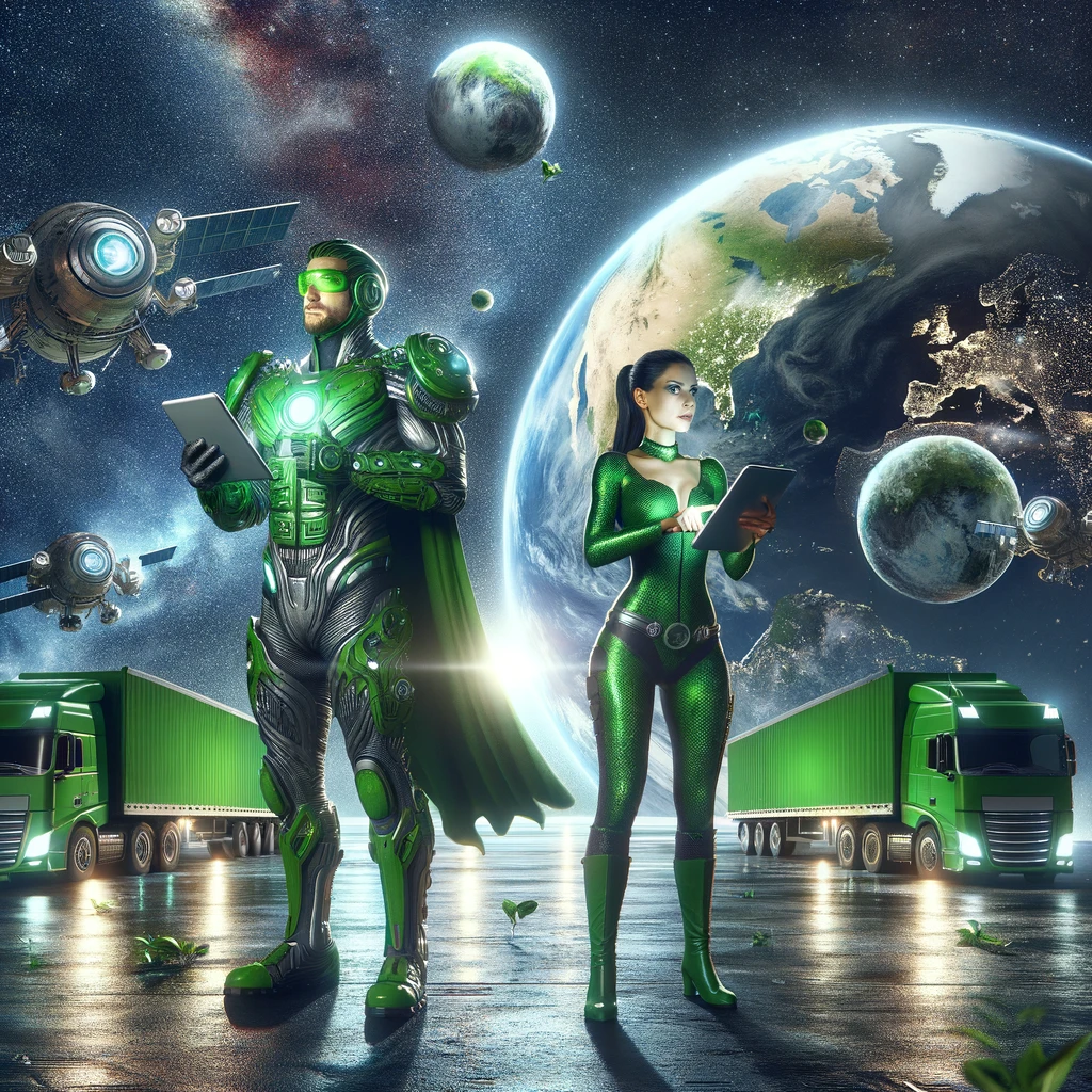 DALL·E 2024-03-15 22.21.41 - Visualize a superhero and superheroine in space, both holding tablets, as they work together to optimize logistics using green technology. Surrounded